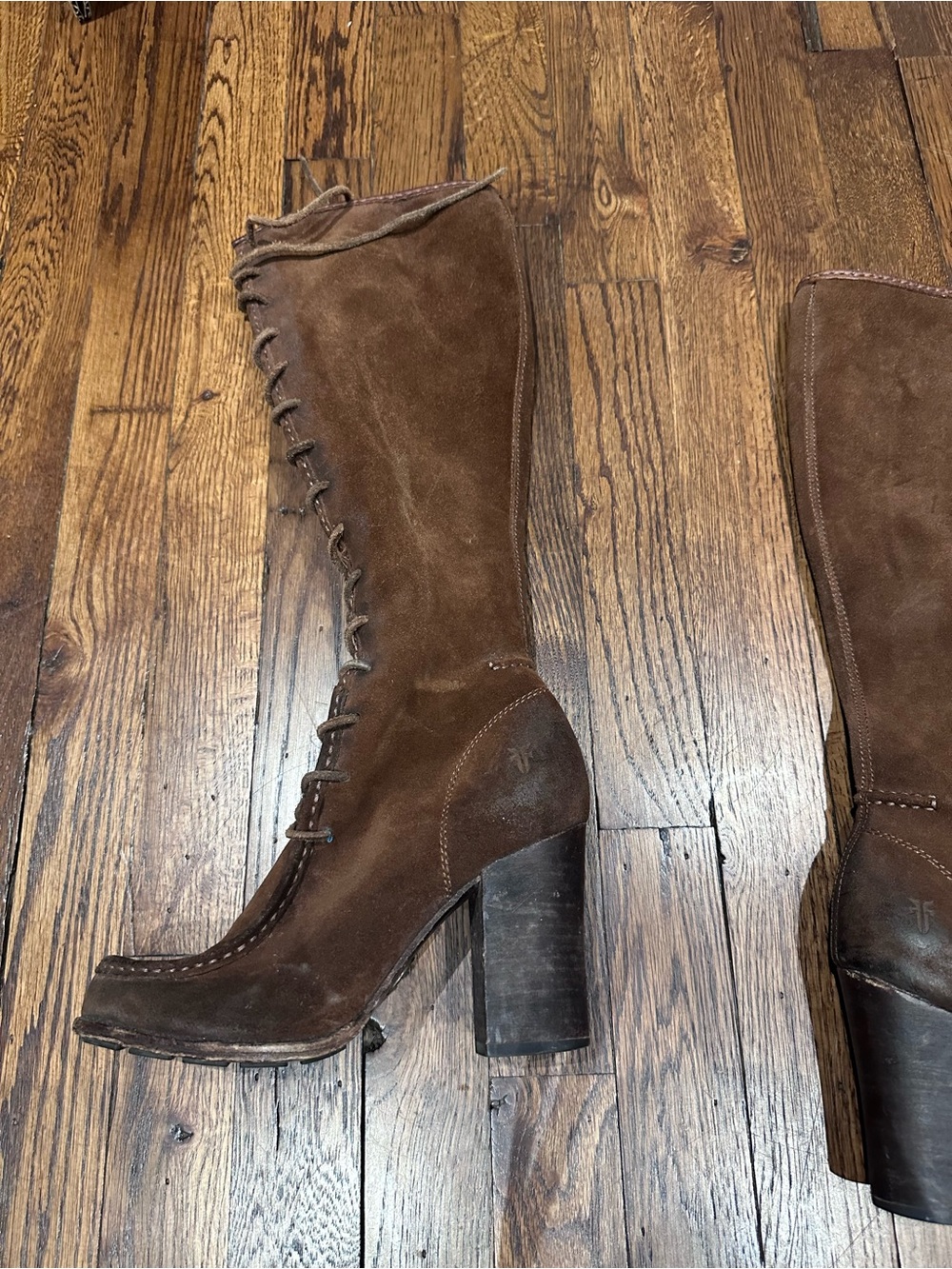 Frye Brown Suede Knee-High Lace-Up Block Heel Boots - Picture 8 of 9